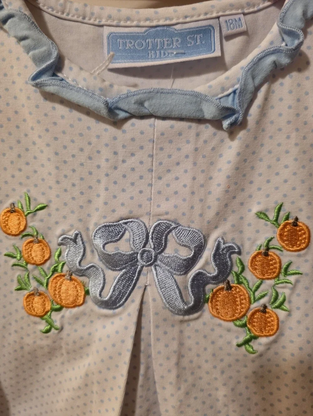 Trotter Street Kiids' Light Blue Polka Dot Dress with Orange Floral Embroidery